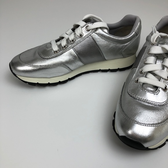Prada silver leather lace up sneakers - Picture 8 of 11